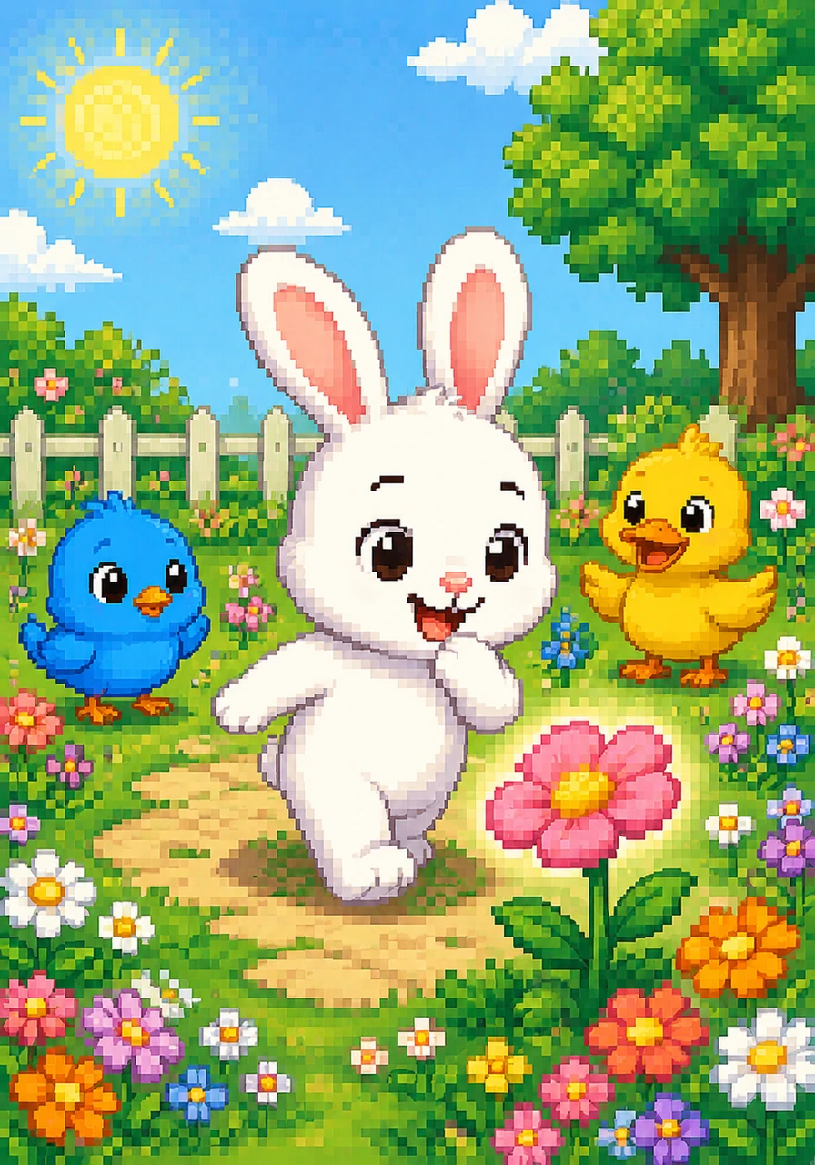 [Garden] Rabbit walks in the sun. He looks for a flower (گل). Rabbit loves a flower (گل).