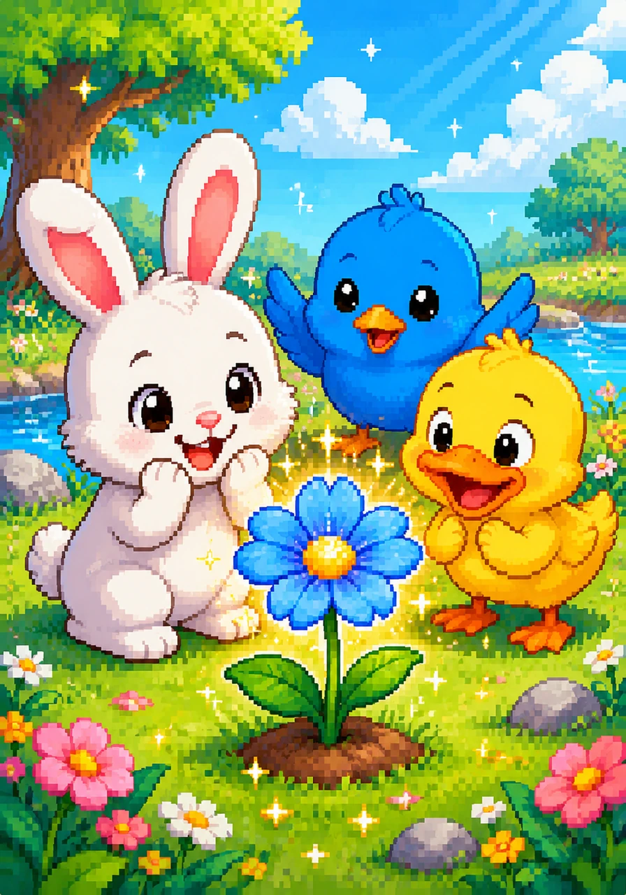 [Blue flower] Rabbit sees a flower (گل). This flower is blue (آبی)! Blue (آبی) is pretty.