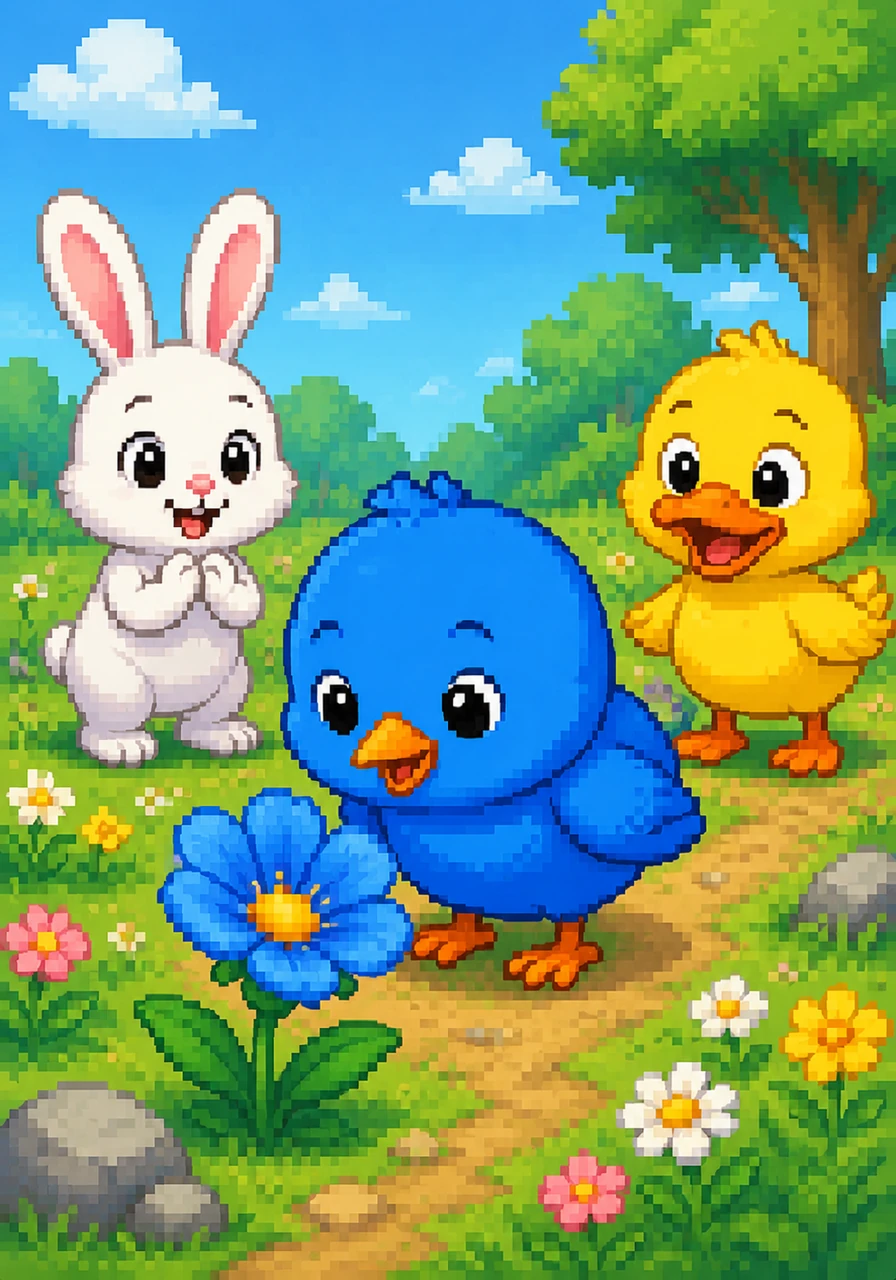 [Blue Bird] Blue Bird sees the blue (آبی) flower. The bird is blue (آبی) too.