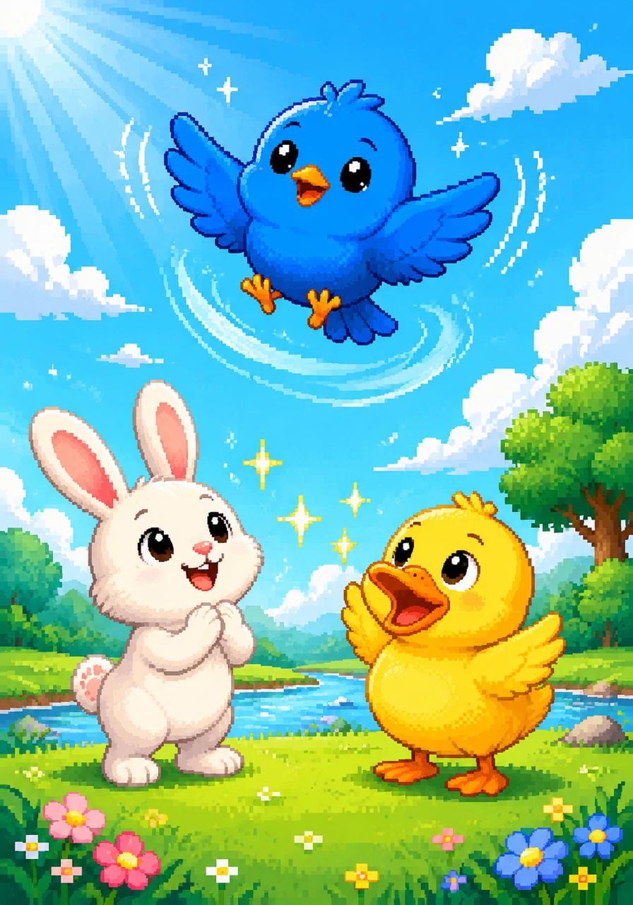 [Bird flying] Blue Bird can fly (پرواز کردن). Look! He can fly (پرواز کردن) high. [Sound: flap flap]