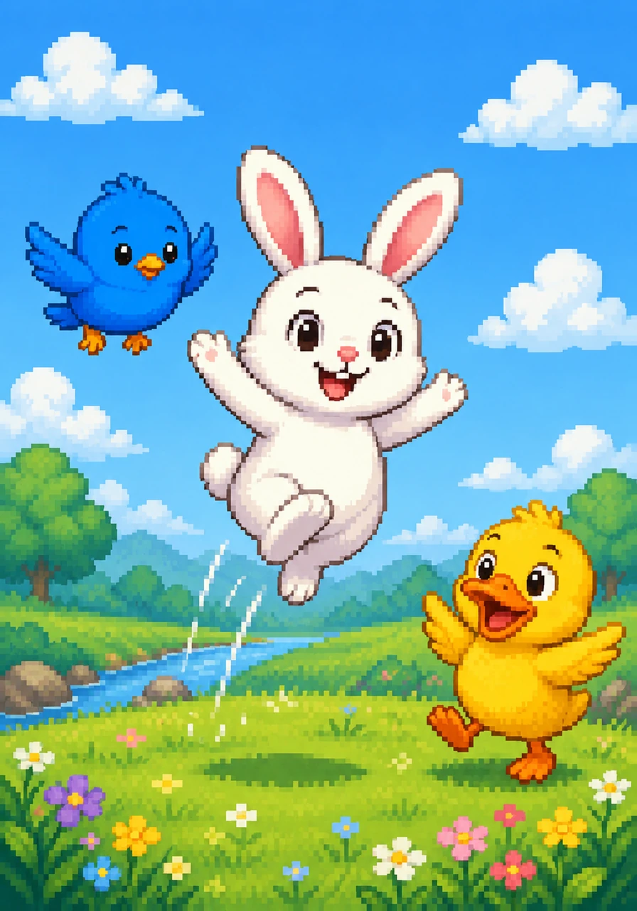[Rabbit jumping] Rabbit cannot fly (پرواز کردن). But Rabbit is happy (خوشحال). Rabbit is very happy (خوشحال).