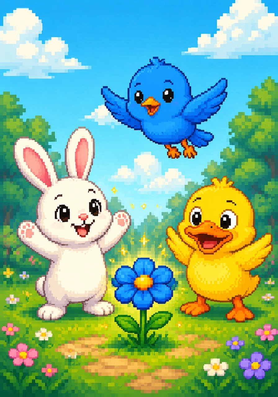 [Questions] Is the flower blue? Yes! Can the bird fly? Yes! Is Rabbit happy? Yes!