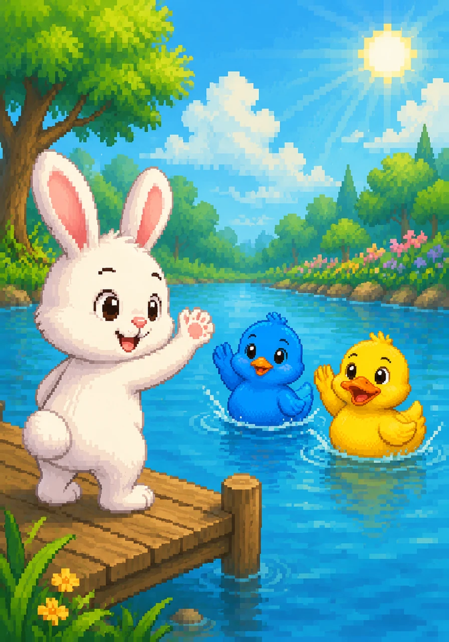 [Outro] Rabbit waves goodbye. Bye friend! Next time... yellow water! See you! [Happy music]