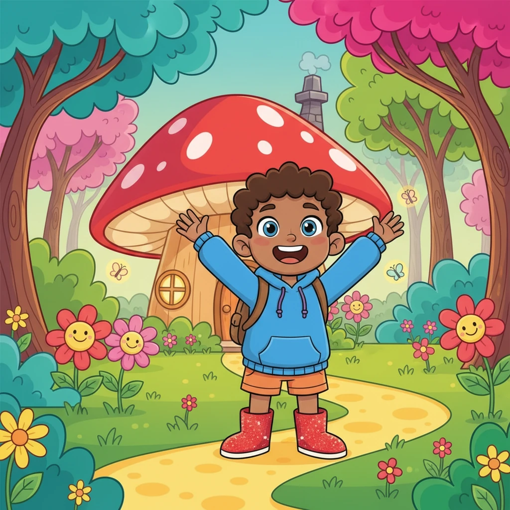 Lily Sparklefoot, a tiny adventurer with rosy cheeks and a wide grin, waves goodbye to her cozy, mushroom-capped cottage. She wears oversized, sparkly boots and carries a small backpack, ready for a day of discovery in the whimsical forest. The path before her is a swirl of bright green and yellow, inviting her onward with playful curiosity.