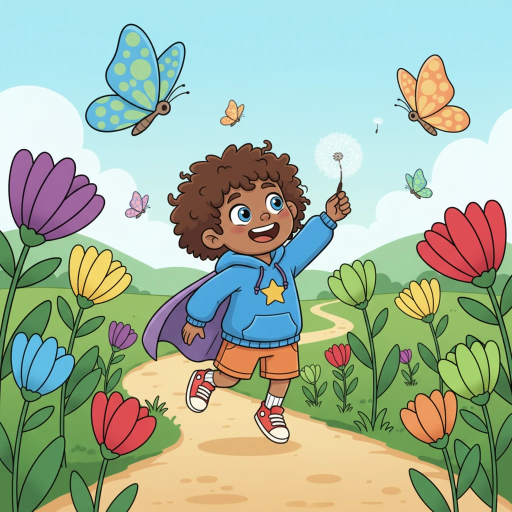 She skips along a winding path, through a meadow filled with flowers taller than herself, each petal a brilliant hue. Giant, friendly butterflies with polka-dotted wings flutter around her, their movements graceful and light. Lily giggles, trying to catch a floating dandelion seed.