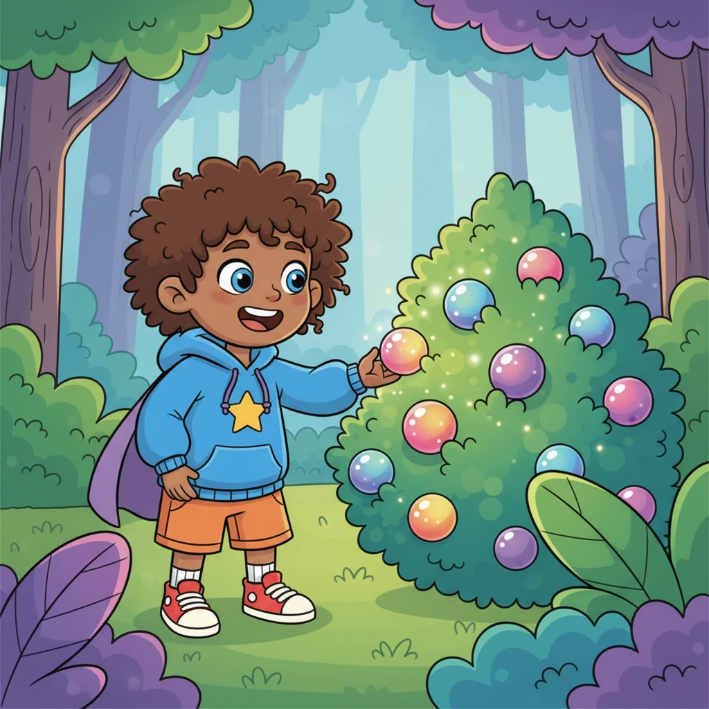 Deep within the forest, Lily stumbles upon a secret grove where a magnificent berry bush glows with an ethereal, soft light. Each plump berry on the bush shimmers with all the colors of the rainbow, looking juicy and inviting. Gigantic, friendly-looking leaves frame the magical fruit, making it seem like a hidden treasure.