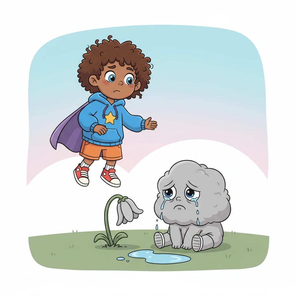 As she floats along, Lily spots a small, grey cloud creature, its form droopy and sad, sitting forlornly beside a wilting, pale flower. Tears, like tiny raindrops, fall from its sorrowful eyes, creating a small puddle on the ground. Its usually fluffy body seems deflated and colorless with gloom.