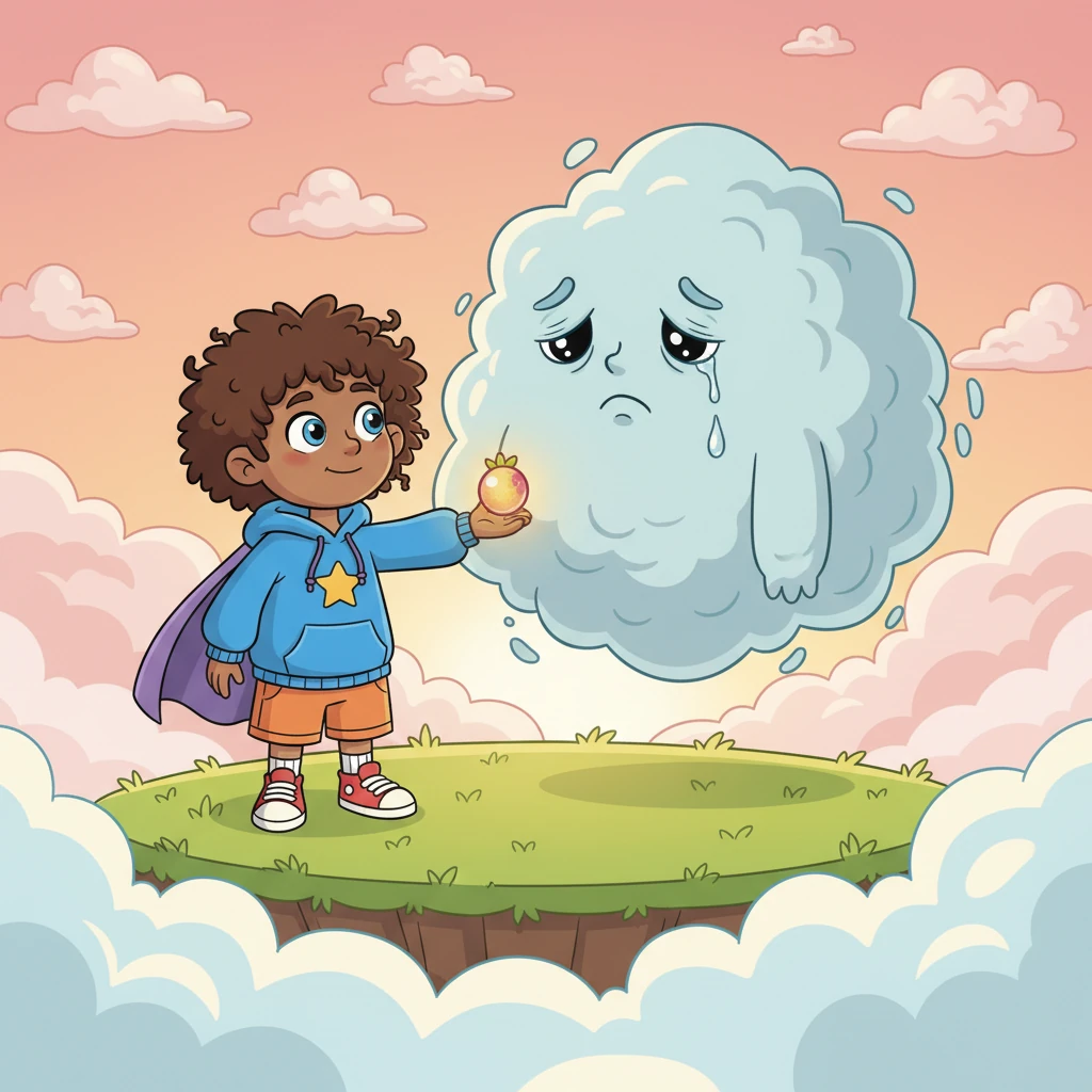 Seeing the cloud creature's sadness, Lily’s heart fills with warmth and generosity from the magical berry. With a gentle smile, she holds out one of her precious glowing berries, offering it to the forlorn cloud. Her expression is kind and full of hope.