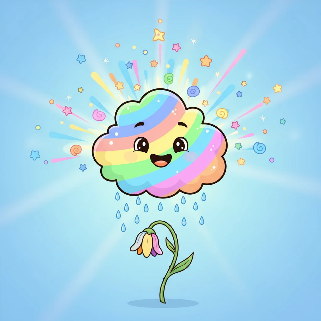 The little cloud creature, surprised but hopeful, tentatively takes the berry and swallows it whole. Instantly, a burst of bright, cheerful colors explodes around it, transforming its grey form into a fluffy, vibrant, smiling cloud. The wilting flower beneath it perks up as happy, gentle rain begins to fall.