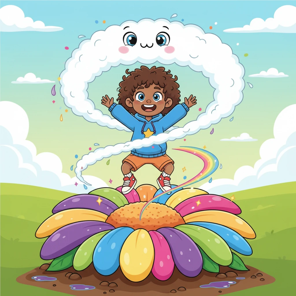 The flower beneath the now-happy cloud creature blooms brilliantly, its petals unfurling in a spectacular display of color. The cloud creature giggles with pure joy, swirling and floating playfully around Lily, a true testament to the berry's magic. Its once sad tears now nourish the earth.
