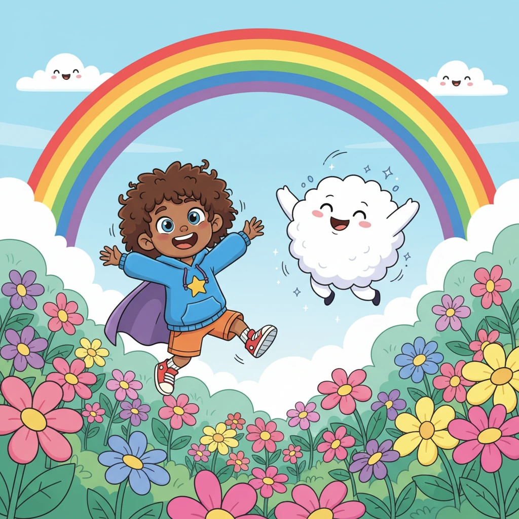 Lily and the happy, bouncy cloud creature dance together amidst the now-blooming flowers, their laughter echoing through the grove. A magnificent rainbow, painted in the sky with vibrant, sweeping strokes, arches overhead, celebrating their newfound friendship and the magic of sharing.