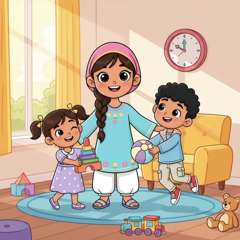 جيهان، بابتسامتها المشرقة، كانت تلعب مع إخوتها الصغيرين، صفوان النشيط ورزان المرحة، في غرفة المعيشة المليئة بالألوان الزاهية. كانت أشعة الشمس الذهبية تتسلل عبر النافذة، تلون اللحظات العائلية ببريق دافئ. فجأة، نظرت جيهان إلى الساعة، متذكرة اقتراب وقت الصلاة.