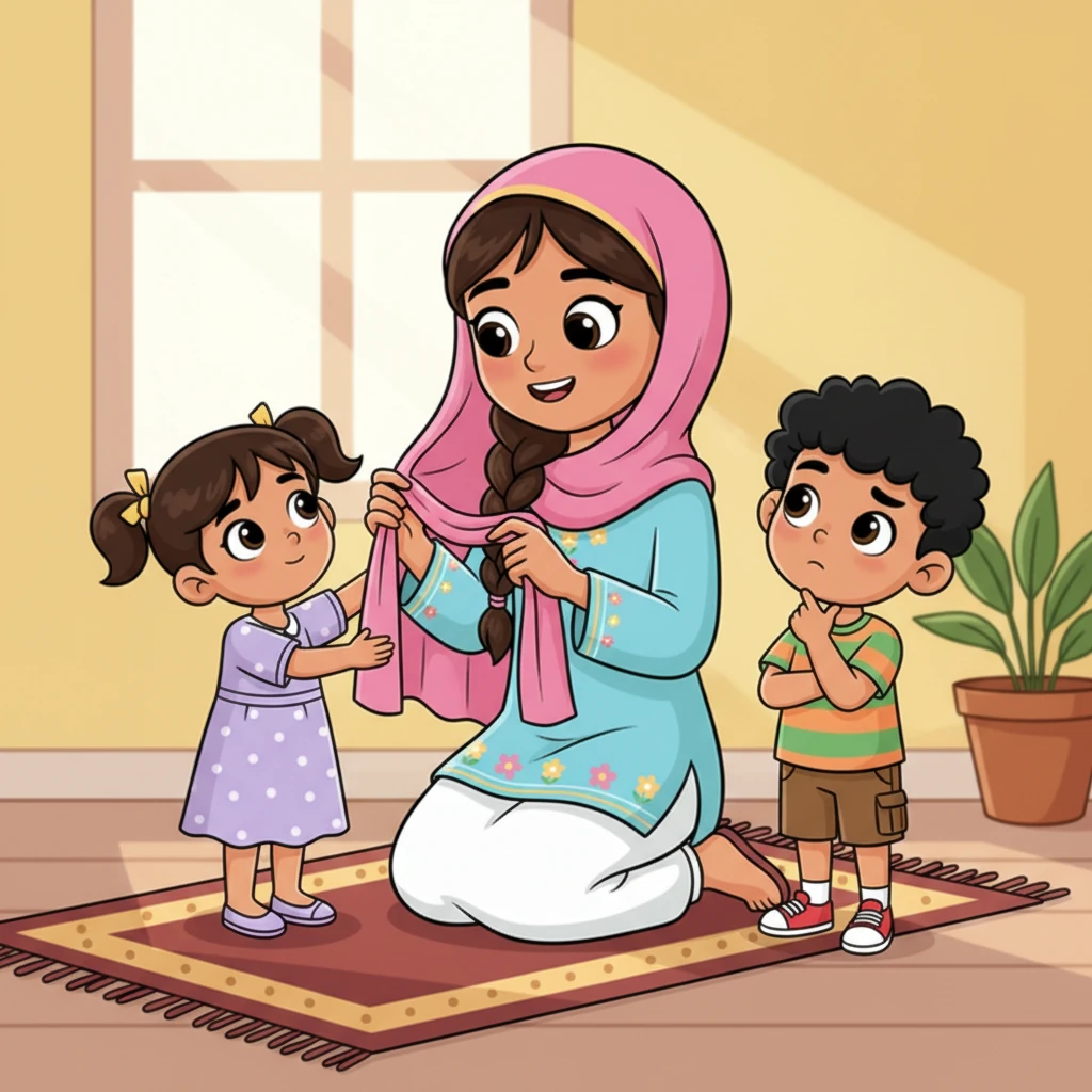 بينما كانت جيهان تستعد، سحبت رزان الصغيرة طرف حجاب جيهان، وسألت بعينيها الواسعتين: "ما هي الصلاة يا جيهان؟" نظر صفوان بفضول هو الآخر، فكانت هذه الكلمة تثير تساؤلات كثيرة في ذهنه الصغير.