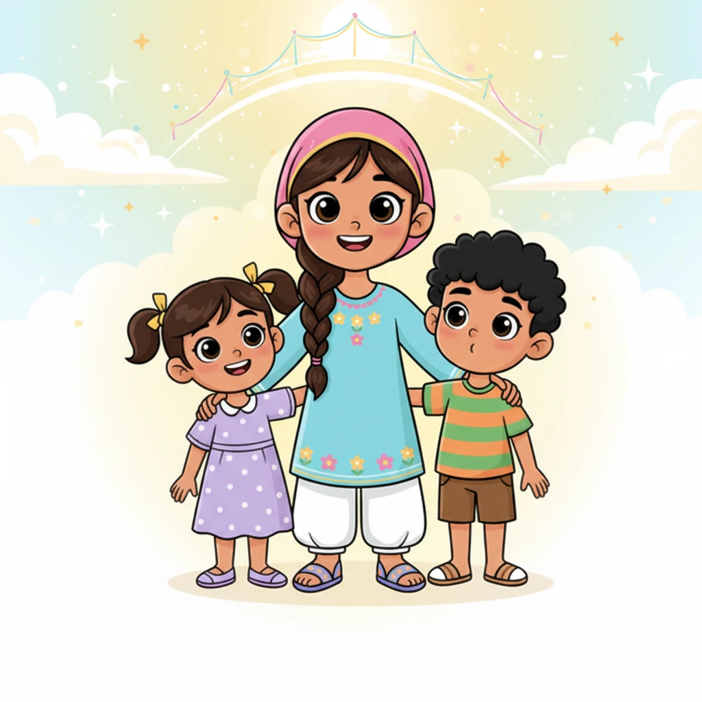 ابتسمت جيهان بحنان وقالت: "الصلاة يا أحبائي هي حديث جميل مع الله، خالقنا العظيم. إنها مثل لقاء خاص نلتقي فيه به خمس مرات كل يوم، لنشكره ونطلب منه كل ما نتمناه." شرحت لهم أن الصلاة هي جسر يربط قلوبنا بالسماء.