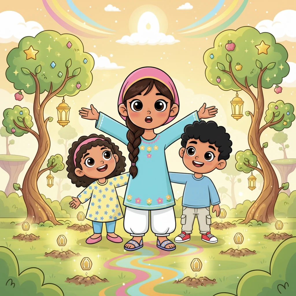 ثم تحدثت جيهان عن الآخرة قائلة: "والصلاة يا صغاري هي مثل زراعة البذور الصالحة في بستان كبير. فكلما صلينا، نزرع بذرة جديدة تكبر لتصبح شجرة في الجنة، حيث ينتظرنا الله بجوائز رائعة وسعادة أبدية لا تنتهي." عيون الصغيرين لمعت بالدهشة.