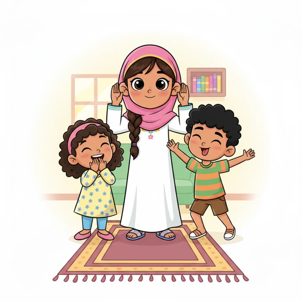 قررت جيهان أن تريهم كيف تكون الصلاة. ارتدت ثوب الصلاة الخاص بها ووقفت تشرح الحركات خطوة بخطوة بكل هدوء ووضوح. حاول صفوان أن يقلد حركاتها بطريقة مرحة، مما أثار ضحكات رزان.