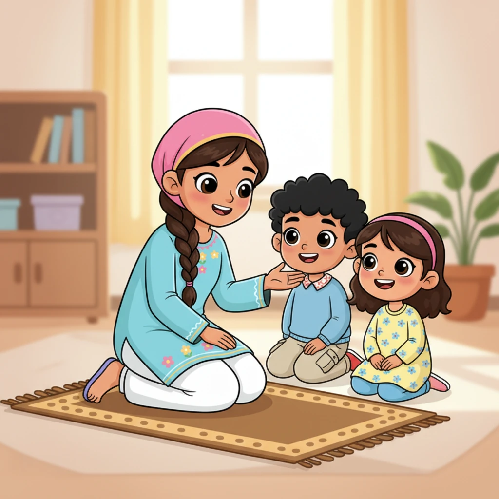 شاهد صفوان ورزان أختهما الكبرى بانتباه، يضحكان برفق وهما يريانها تركع وتسجد. شجعتهم جيهان قائلة: "لا بأس إن لم تفعلوا ذلك بشكل صحيح الآن، فالممارسة تجعلنا أفضل وأقرب إلى الله."