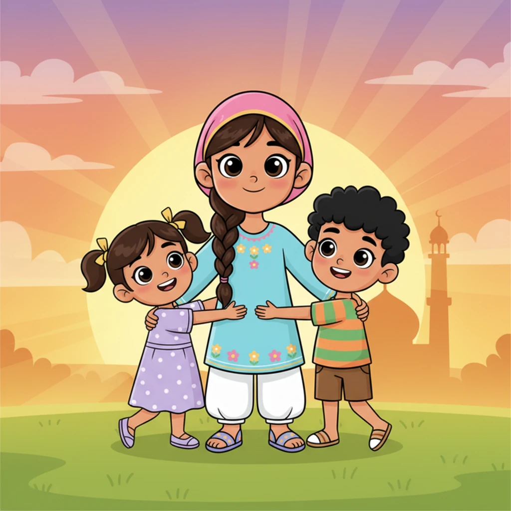 احتضنت جيهان إخوتها بحب، سعيدة برغبتهم في تعلم هذا الركن العظيم من أركان الإسلام. غربت الشمس ببطء، تاركةً وهجًا ذهبيًا جميلًا على مشهد العائلة المحب، وهم يستعدون للصلاة القادمة معًا.