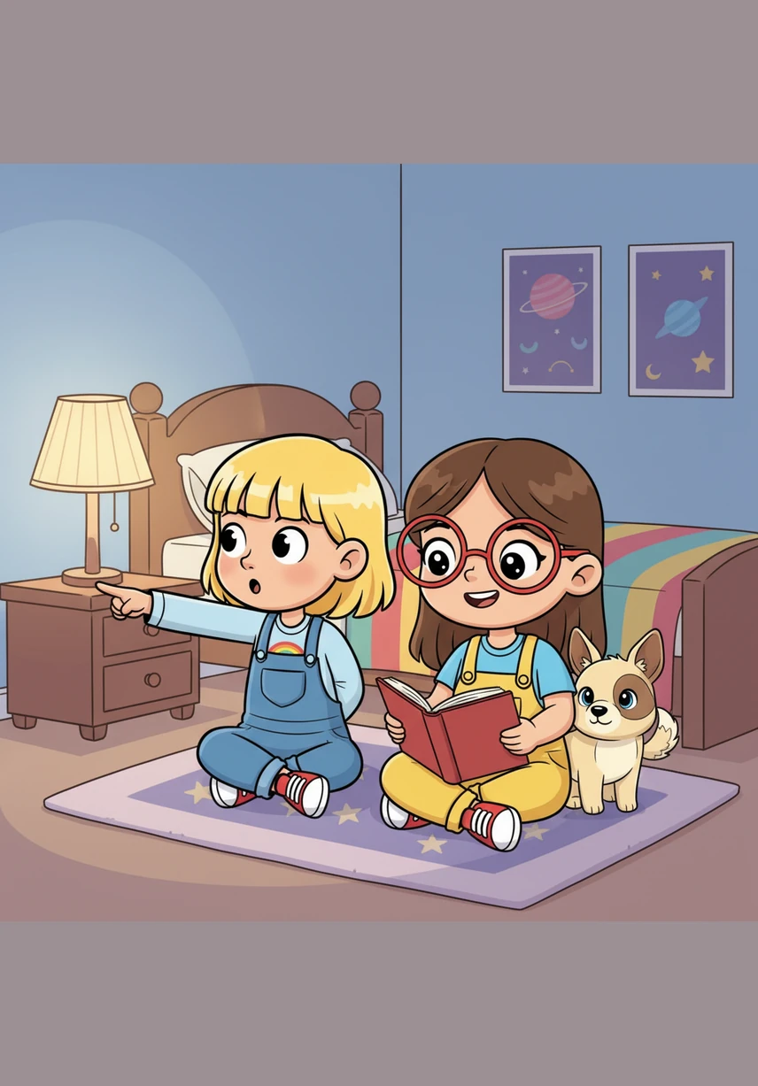 Hannah, with her brown hair and glasses, helps Charli, who has short blonde hair and bangs, build a massive blanket fort in the middle of their bedroom. Their favorite stuffed dogs, Haven and Zeek, sit patiently on a pile of soft pillows, waiting for the adventure to begin.