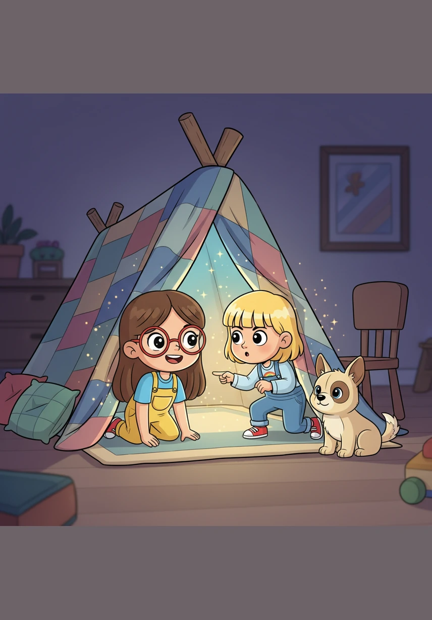 As the girls crawl inside the fort with their flashlights, the fabric walls begin to shimmer and stretch into a vast, glowing cavern filled with sparkling crystals. Haven and Zeek suddenly seem to perk up their ears, ready to lead their friends into the mysterious unknown.