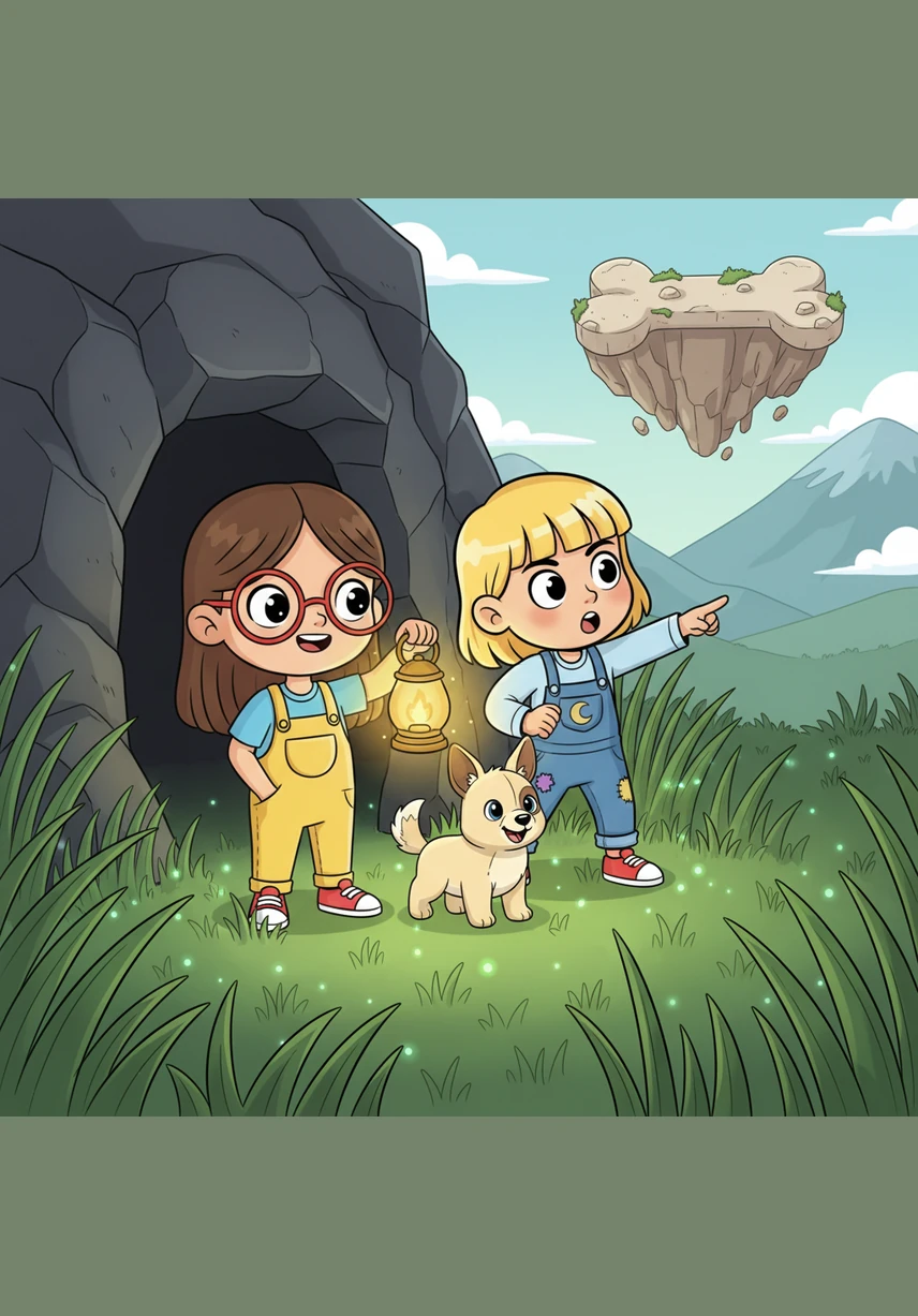 The group emerges from the cave into a meadow where the grass is as tall as the girls and glows with a soft green light. Hannah holds a golden lantern while Charli points toward a distant, floating island shaped like a giant dog bone.