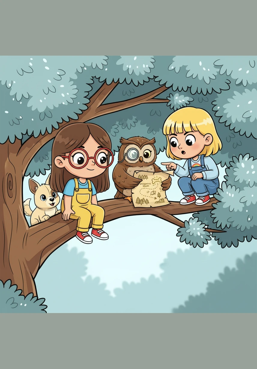 High up in a silver-leaved tree, a friendly owl wearing a tiny monocle hands Hannah an ancient, crinkly map. Charli leans in to look, realizing that the map shows a secret path through the Whispering Woods to find the legendary Starry Bone.