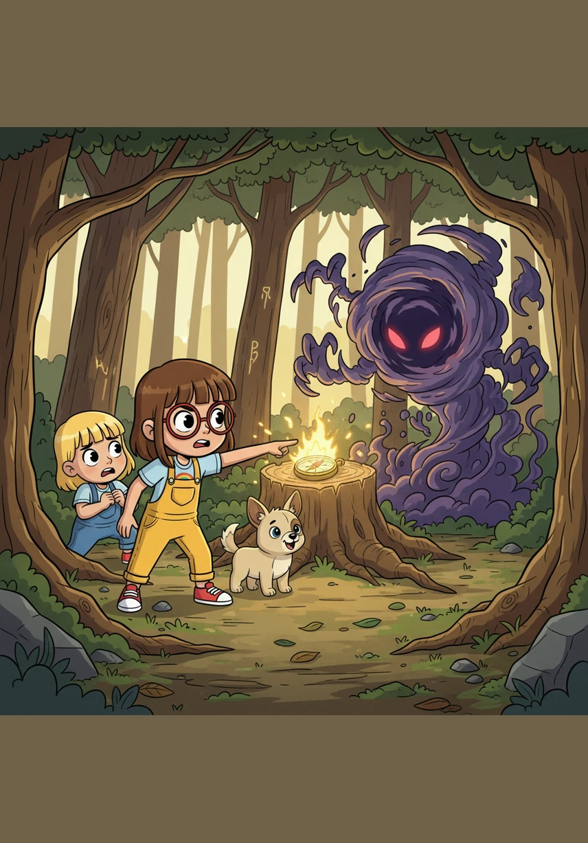 The Whispering Woods are filled with trees that hum soft lullabies, making the girls feel sleepy but determined. Zeek finds a hidden trail marked by glowing paw prints, while Haven wags his plush tail as they march forward together.