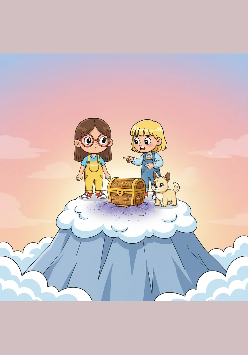 They reach the summit of a fluffy cloud mountain where a golden chest sits nestled in a bed of stardust. Hannah and Charli hold hands tightly, nervously wondering what magic awaits them inside the treasure box.