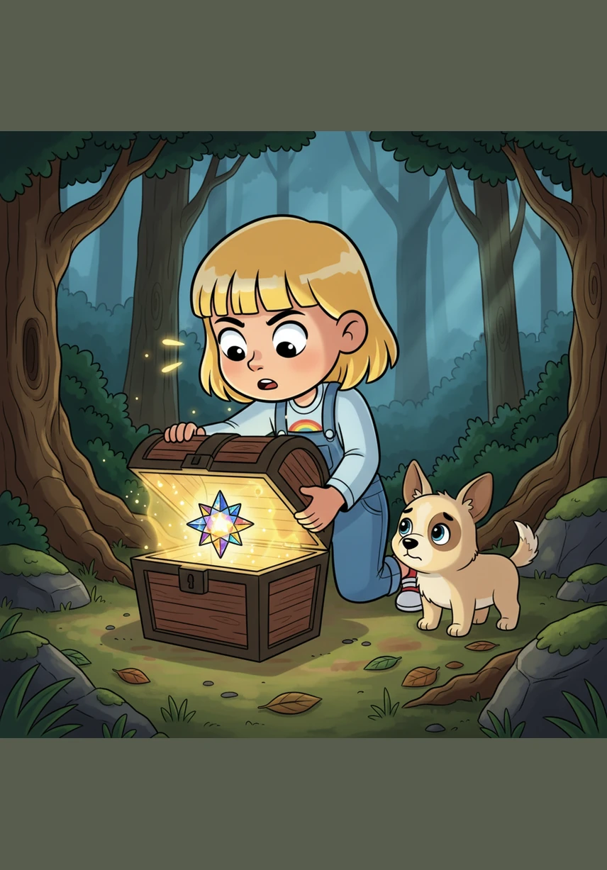 Charli lifts the lid to reveal the Starry Bone, a magnificent artifact that pulses with a warm, comforting light. As soon as Haven and Zeek touch it with their noses, the entire world begins to sparkle with magical energy.