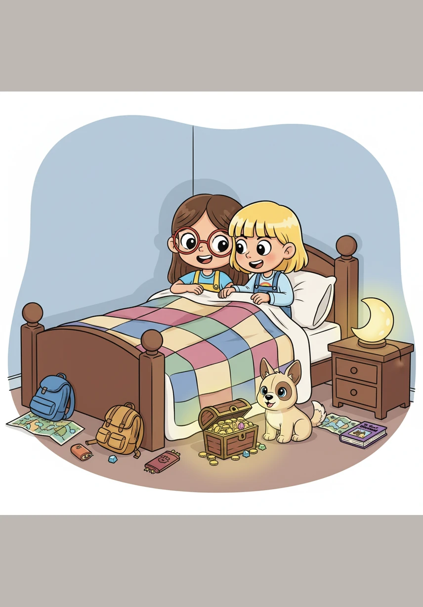 Tucked safely under their real blankets, Hannah and Charli hug Haven and Zeek tight, their eyes heavy with sleep. The adventure is over for tonight, but they know that in their dreams, the magic of friendship will always guide them home.