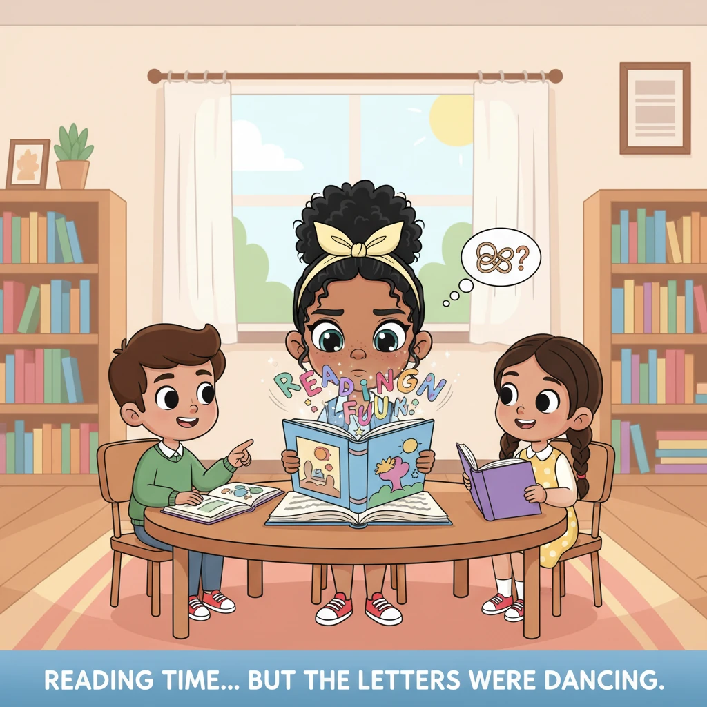 At school, during reading time, Yael's smile fades slightly. The letters on the page seem to wiggle and dance, making it hard to follow. She feels a l