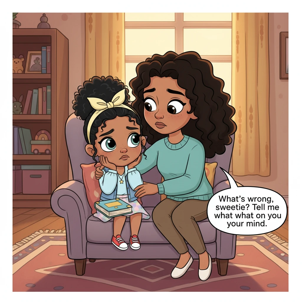 Later that day, Yael sits quietly, her chin in her hands, a storybook untouched beside her. Her mother notices the change in her usually cheerful daug