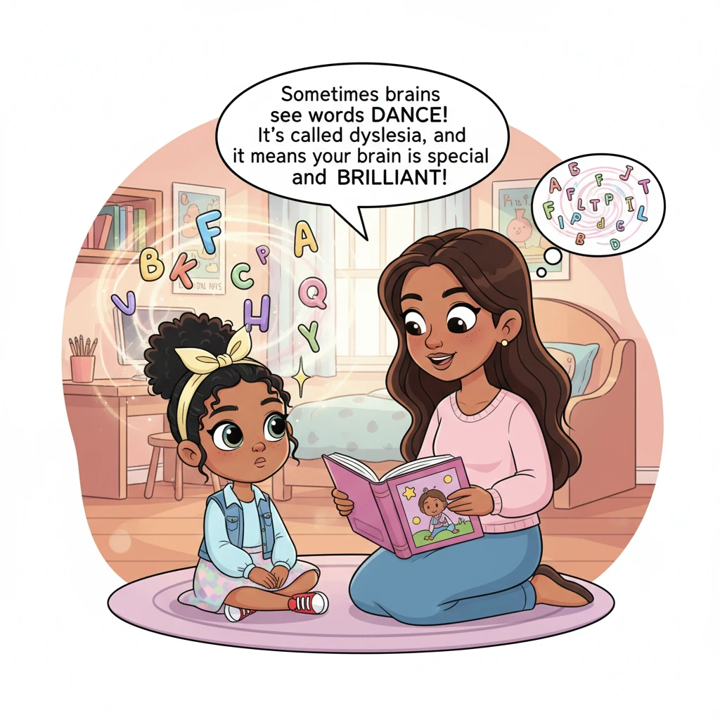 Her mother explains that sometimes brains work a little differently, like seeing words dance. She reassures Yael that this is called dyslexia, and it
