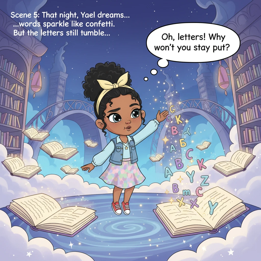 That night, Yael dreams she's in a whimsical library where books float like clouds and words sparkle like confetti. Yet, when she tries to read, the l