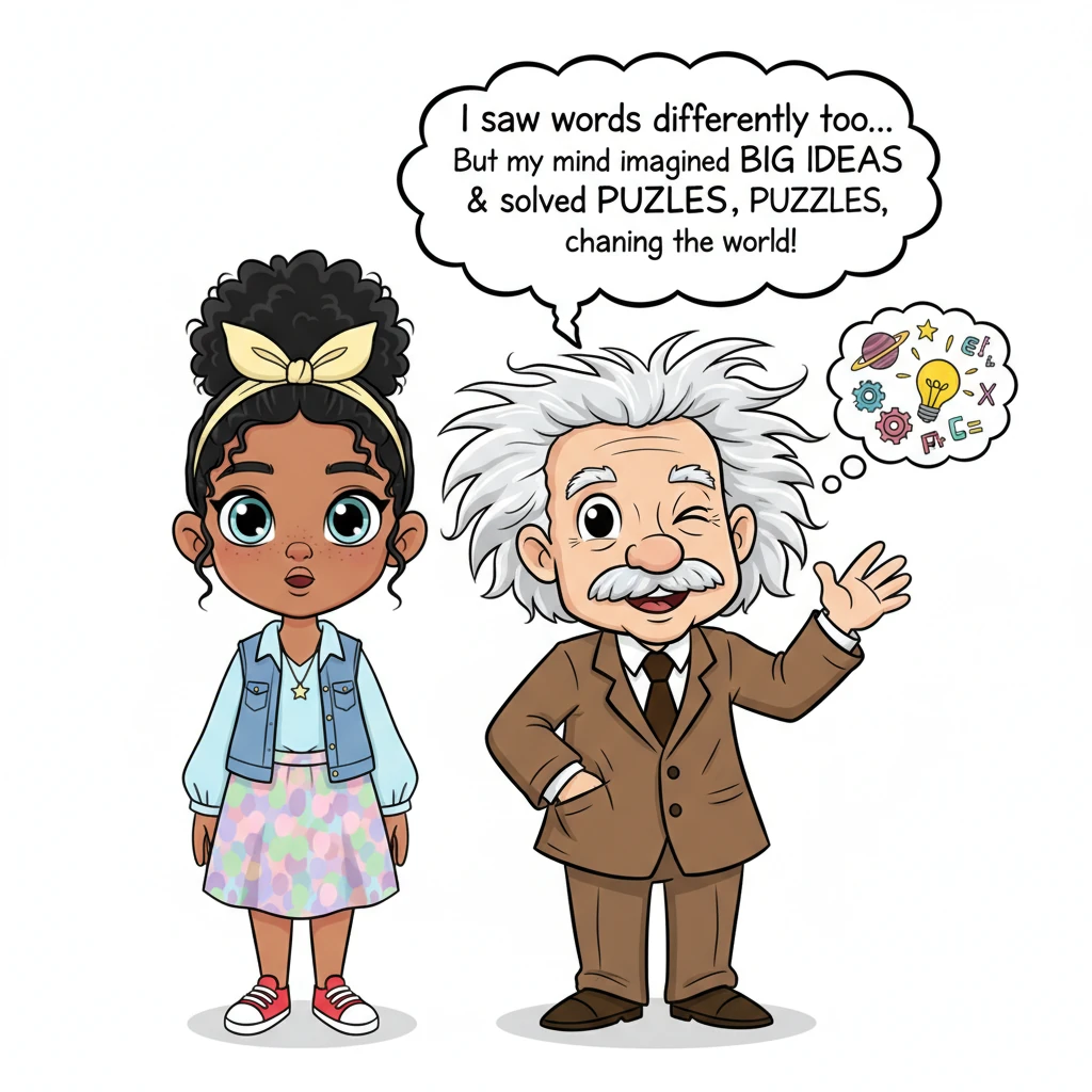 Suddenly, a friendly, cartoonish Albert Einstein appears, his wild hair bouncing! He winks, explaining that he too saw words differently, but his mind