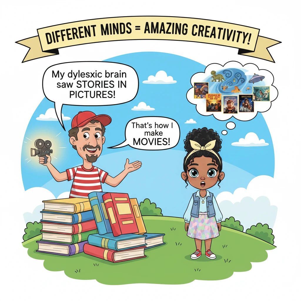 Next, a vibrant Steven Spielberg, holding a tiny film camera, pops up! He shares how his dyslexic mind helped him see stories in pictures and create a