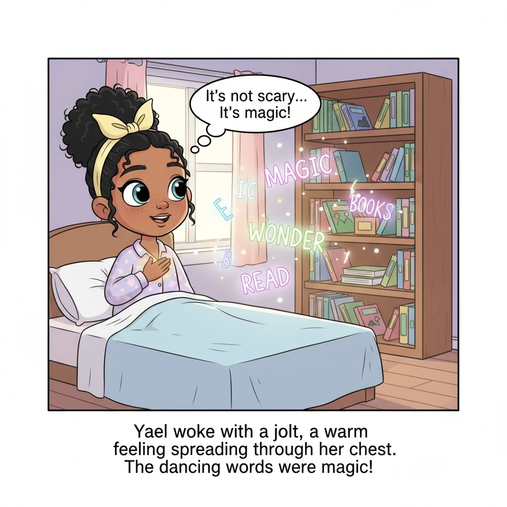 Yael wakes up with a jolt, a warm feeling spreading through her chest. The dancing words still exist, but now she sees them as a special kind of magic