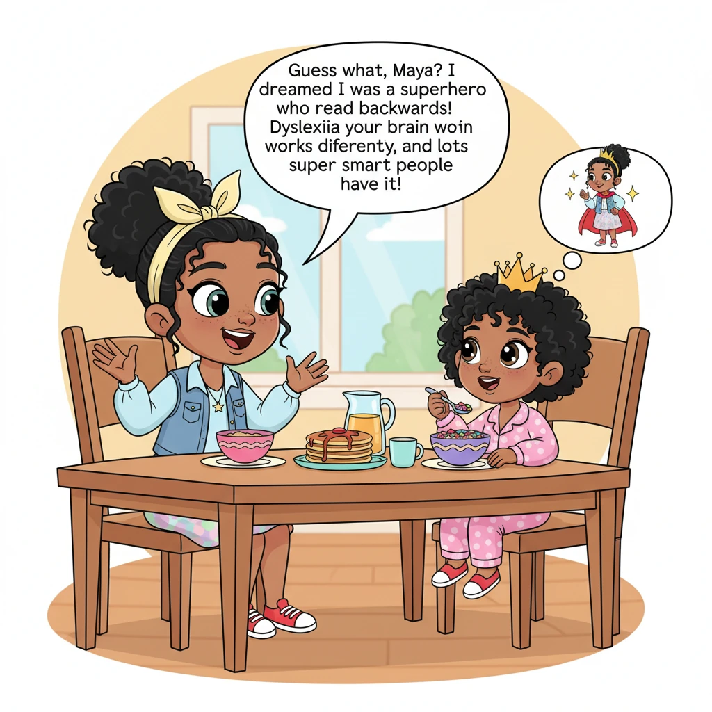 At breakfast, Yael eagerly shares her dream with Maya, explaining dyslexia and how many smart people have it. Maya listens, eyes wide, seeing her big