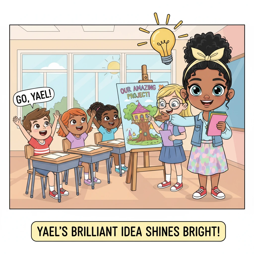 The next day at school, Yael confidently presents a brilliant idea for a group project, her expressive face beaming. Her friends cheer, and while one
