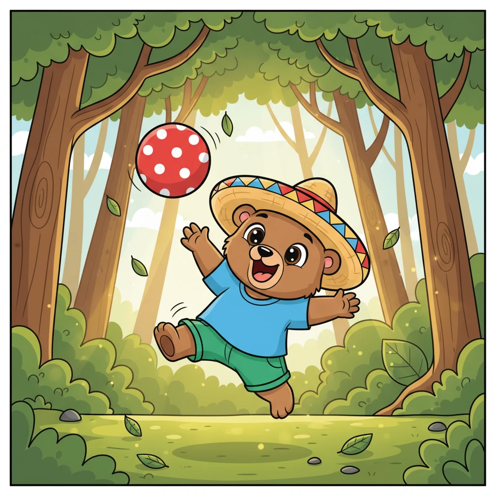 Nico, un osito juguetón, se divierte mucho solo en el corazón del bosque. Su suave pelota roja rebota alegremente entre los árboles, mientras él ríe y salta con cada bote. El sol filtra sus rayos dorados a través de las hojas, iluminando su juego solitario. Nico no necesita a nadie más para pasar un día maravilloso.