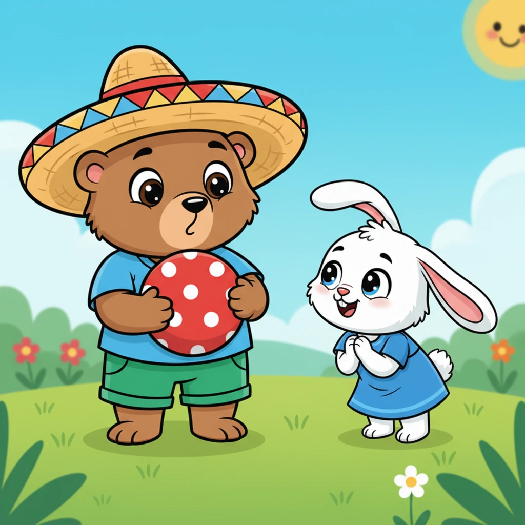 De repente, una pequeña conejita de orejas largas, Pipa, se acerca tímidamente. Con una sonrisa esperanzada, le pregunta a Nico si puede unirse a su juego. Pipa mira la pelota roja con ojos brillantes, deseando compartir la diversión. Nico la mira con su pelota firmemente abrazada.