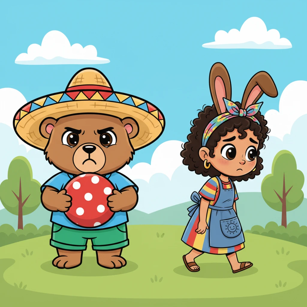 Nico frunce el ceño y niega con la cabeza, aferrándose a su preciada pelota. "¡No!", dice con voz firme, "¡Es mi pelota y yo juego solo!". Pipa baja sus largas orejas, su sonrisa se desvanece en una expresión de tristeza. Se da la vuelta lentamente y se aleja, dejando a Nico solo de nuevo.