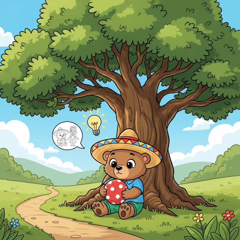 Sentado bajo un gran roble, Nico mira su pelota y luego hacia el camino por donde se fue Pipa. Una idea empieza a formarse en su pequeña cabeza. Recuerda lo divertido que era jugar con otros y cómo la alegría se multiplicaba. Se da cuenta de que la diversión es mucho mejor cuando se comparte.