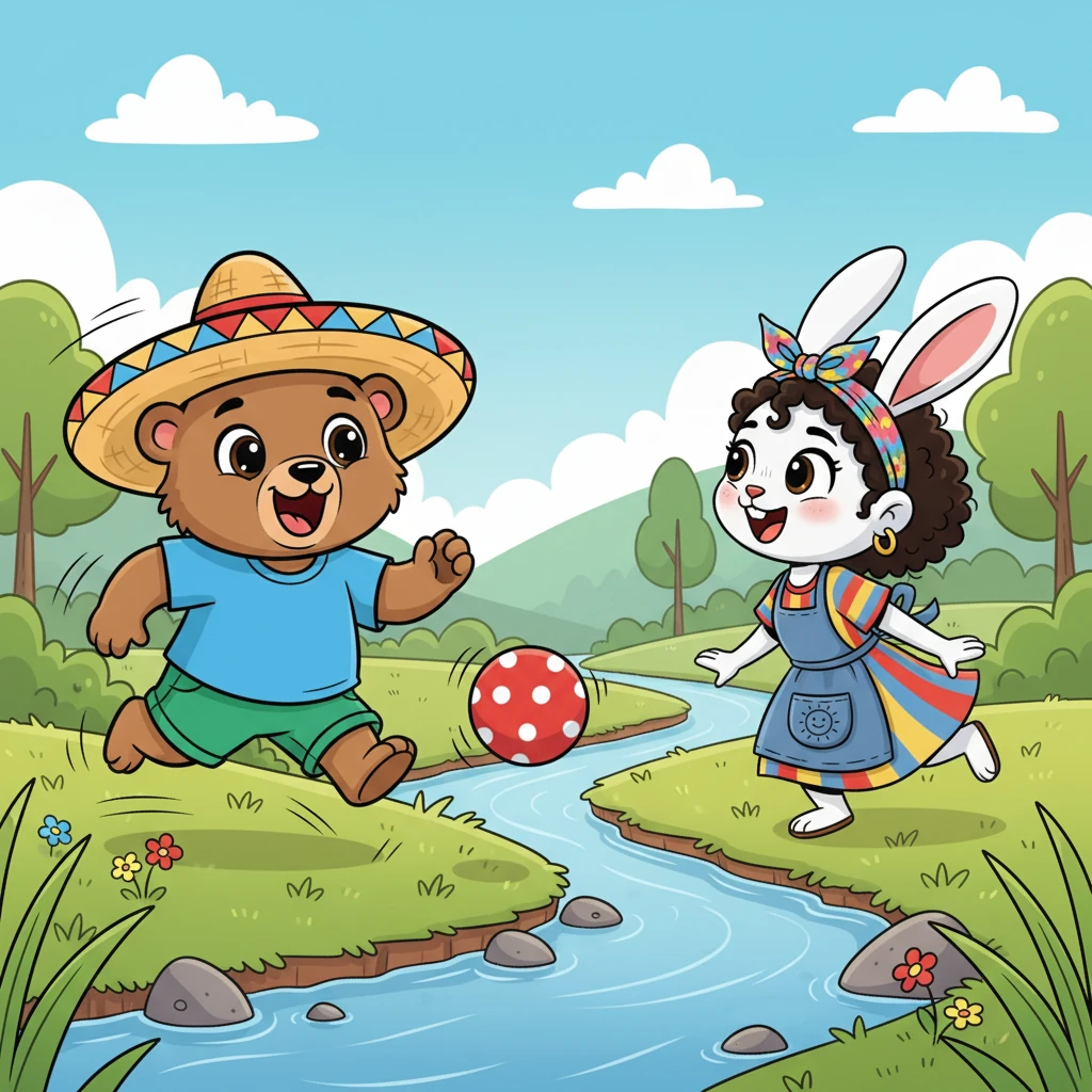 Con una sonrisa renovada, Nico se levanta y corre hacia donde vio a Pipa por última vez. La encuentra cerca de un arroyo y la llama con entusiasmo. "¡Pipa! ¡Pipa! ¿Quieres jugar conmigo?". Pipa se gira, sus ojos se iluminan al ver a Nico y su pelota. Ambos osito y conejita comienzan a reír y a jugar juntos, persiguiendo la pelota.