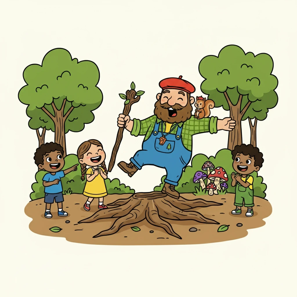 Léon montra un exemple : il fit semblant de trébucher sur une racine, criant: "Attention aux racines sournoises! Elles aiment faire tomber les imprudents!" Les enfants rirent aux éclats. Ensuite, il expliqua comment reconnaître les plantes toxiques, tout en mimant des grimaces horrifiées.