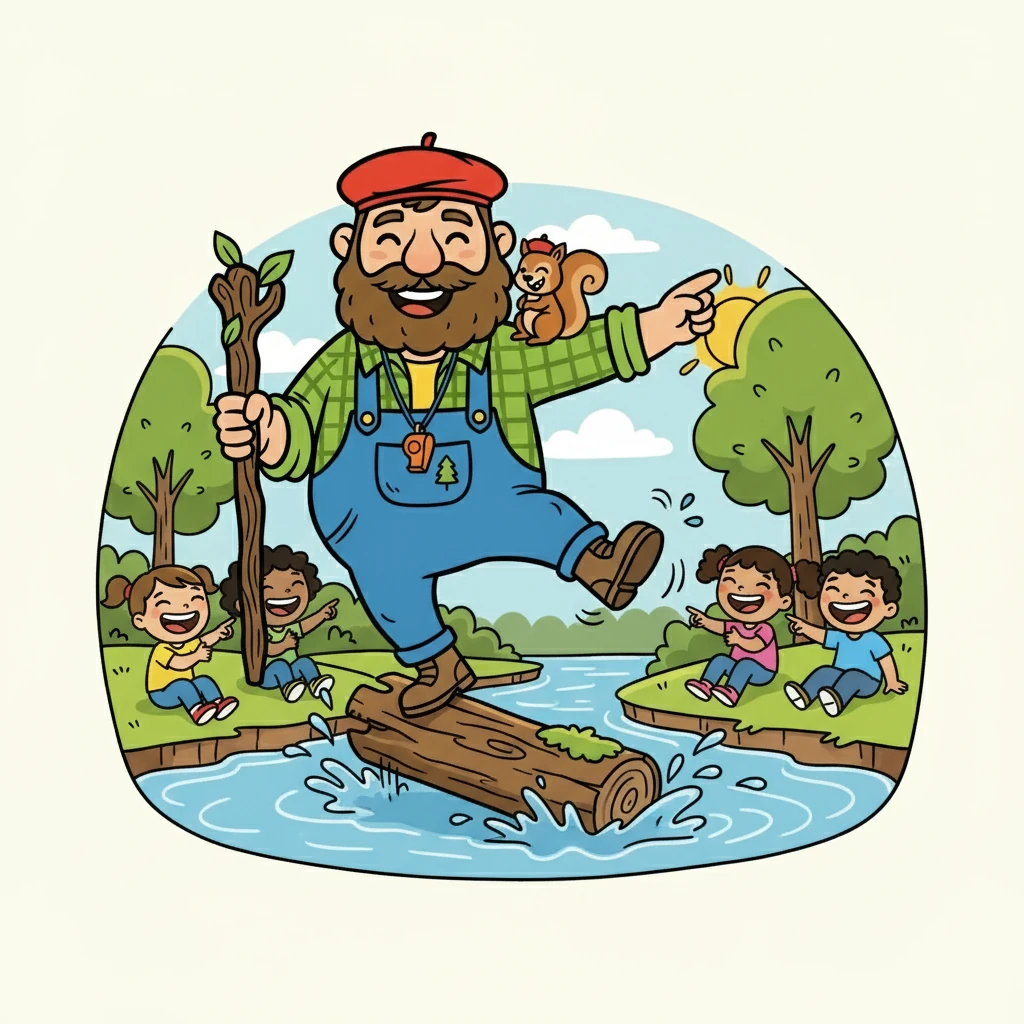 Le groupe arriva à un ruisseau. Léon, avec une canne, expliqua comment traverser sans se mouiller. Il fit une démonstration acrobatique, manquant de tomber, ce qui provoqua un nouveau fou rire chez les enfants. "L'équilibre, les amis, c'est la clé!"