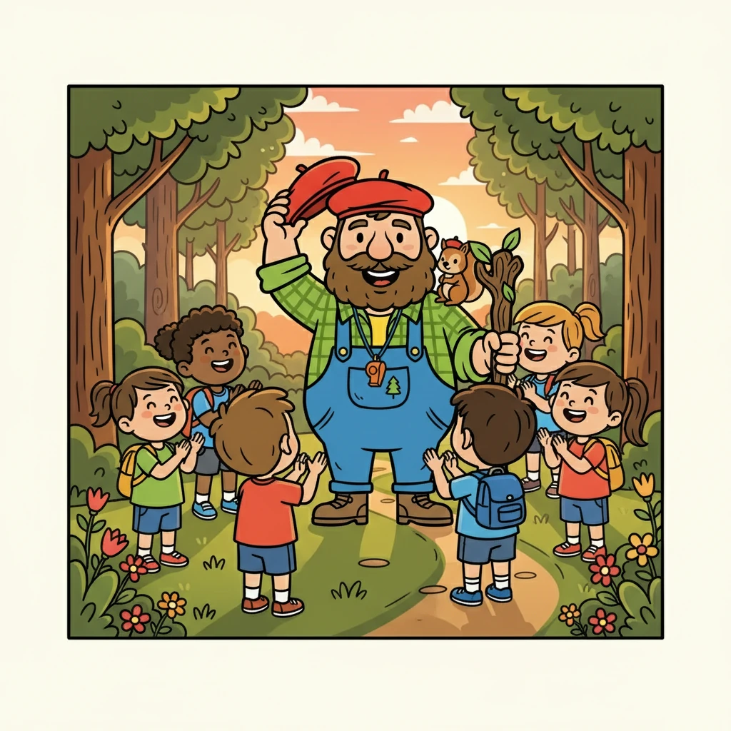 Enfin, à la fin de la journée, Léon, entouré de ses élèves joyeux, leur rappela l'importance de respecter la nature. Il leva son chapeau et dit: "Souvenez-vous, les amis, la forêt est notre amie, il faut la protéger!" Les enfants, reconnaissants, sourirent et applaudirent.