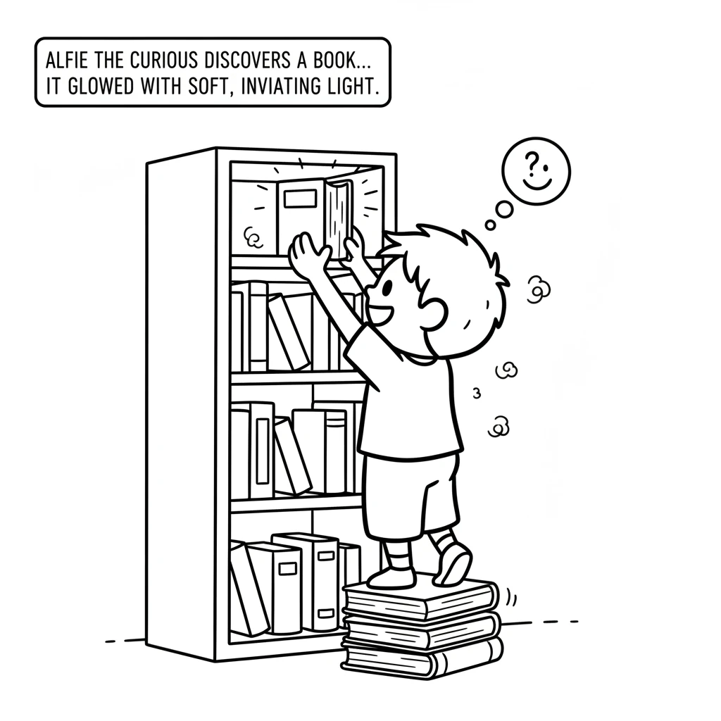 Alfie, a curious little child, discovers a shimmering, unopened book tucked away on a high shelf. He carefully pulls it down, dust puffing around him.
