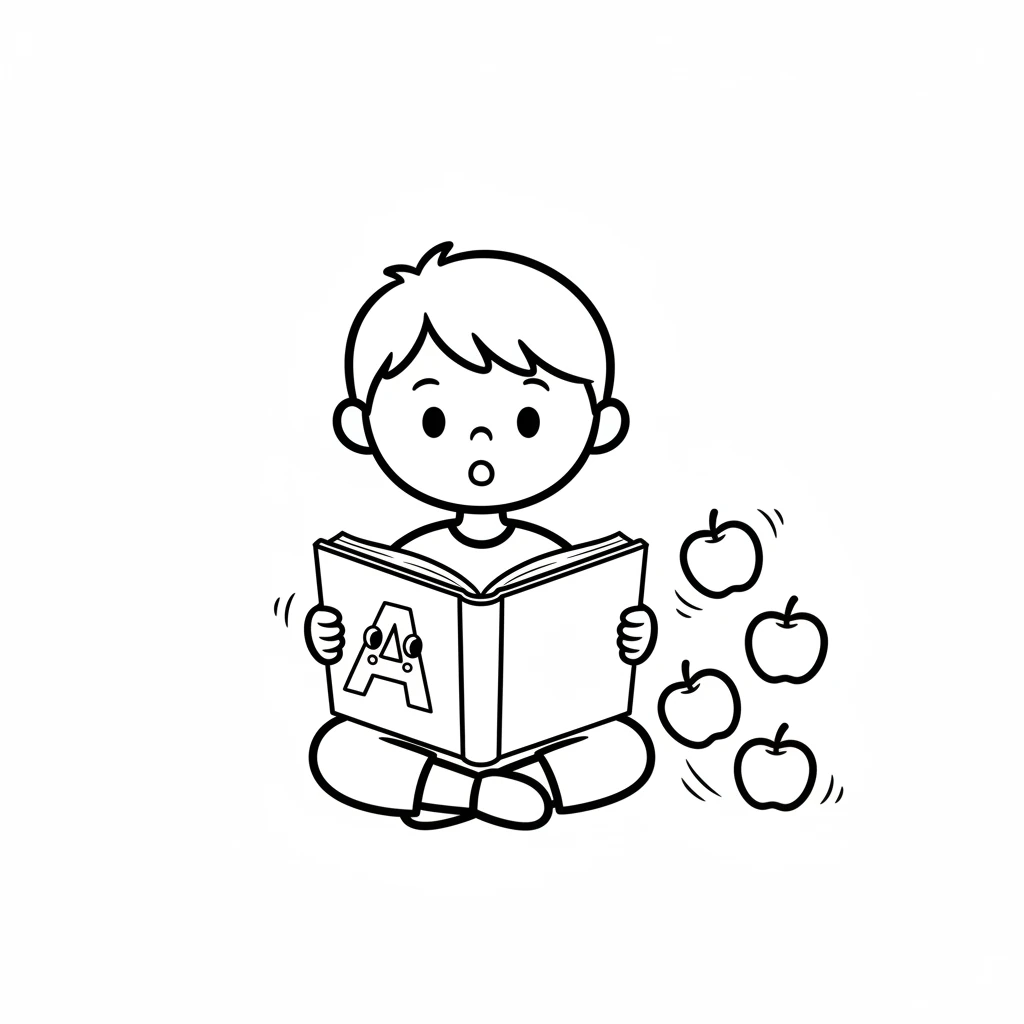 With a gentle touch, Alfie opens the book to the very first page. A giant, friendly letter 'A' appears, and suddenly, three perfectly round apples tum
