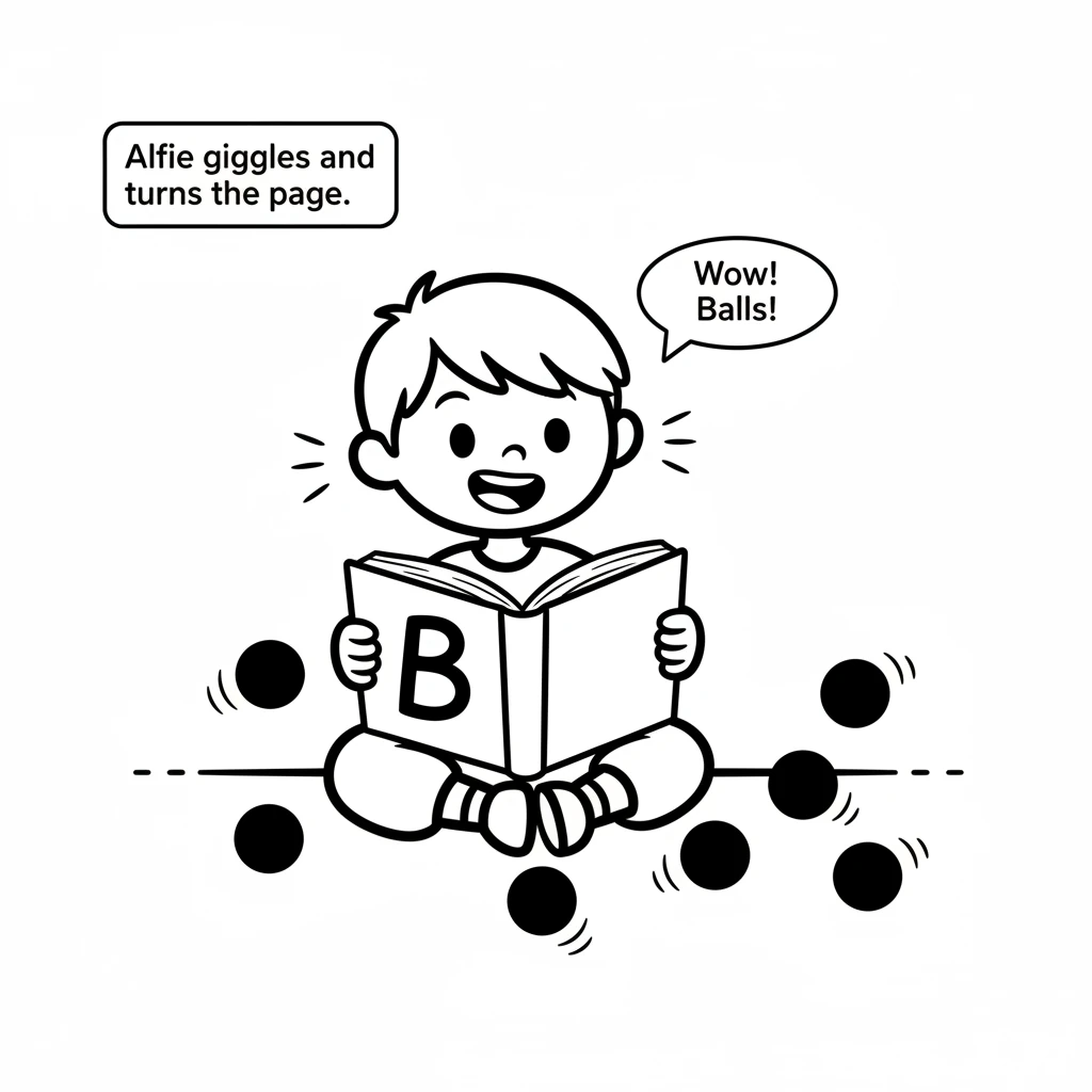 Alfie giggles and turns the page. There's a big, bouncy letter 'B'. As he watches, a stream of colorful, perfectly round balls rolls out from the book